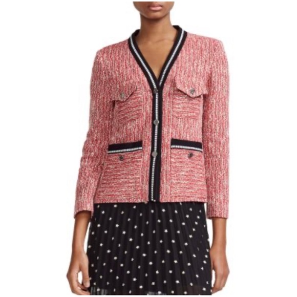 Maje Women’s Sz 2 Red Black Tweed Vivor Jacket Blazer Cotton V-Neck Bow - Picture 1 of 15